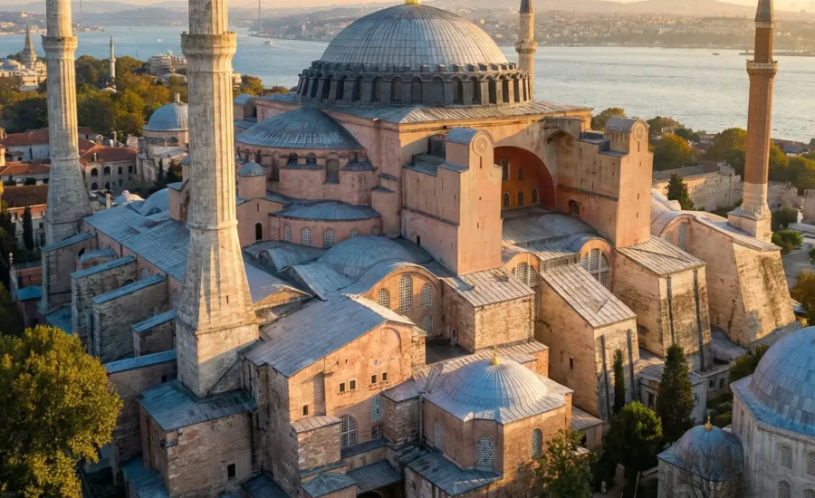 Gün doğumu ışığında, Ayasofya'nın ihtişamını ve tarihi dokusunu vurgulayan geniş açılı bir çekim. Altın saatlerin yumuşak ışığı, kubbe ve minarelerdeki detayları ortaya çıkarırken, arka plandaki İstanbul Boğazı manzarası yapının ölçeğini ve konumunu gözler önüne seriyor.