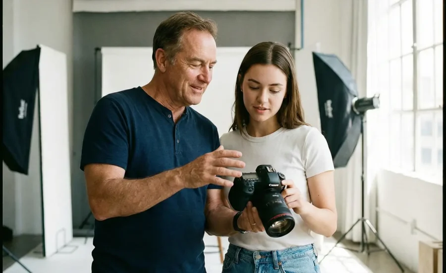 Bu kare, mentörlük ilişkisinin özünü yakalar: Deneyimin, öğrenme isteğiyle buluştuğu an. Stüdyo ortamındaki bu samimi ve odaklanmış etkileşim, teknik bilginin doğrudan ve uygulamalı bir şekilde aktarıldığını gösterir. Mentörün rehberliği ve mentinin dikkati, bu sürecin ne kadar değerli ve kişisel olduğunu vurgular.