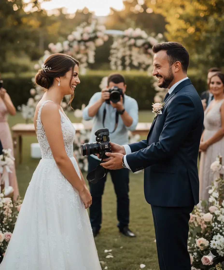 Düğün Fotoğraf Çekimi sırasında gelin ve damat gülümsüyor. Damat elinde bir kamera tutuyor.