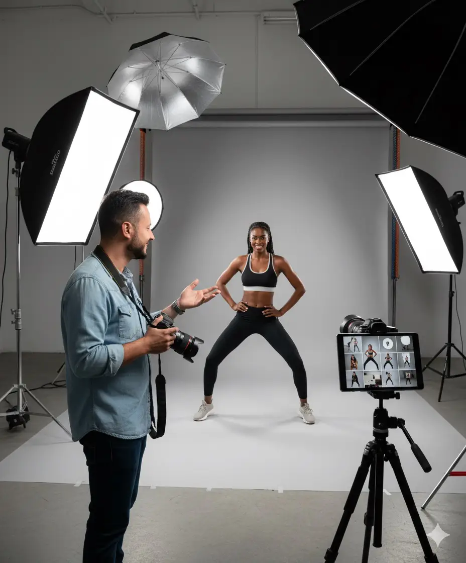 Kişisel Portföy Çekimi fotoğraf çekimi sırasında fitness modelini yöneten fotoğrafçı.