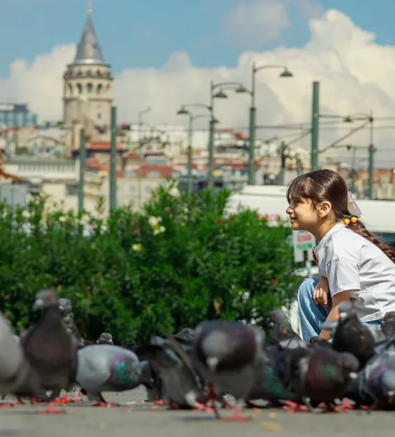 Çocuk ve güvercinler Galata Kulesi manzarasının önünde. _by fotoloji