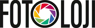 Renkli diyafram tasarımına sahip siyah renkli Fotoloji logosu