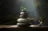 a stack of rocks with a plant on top