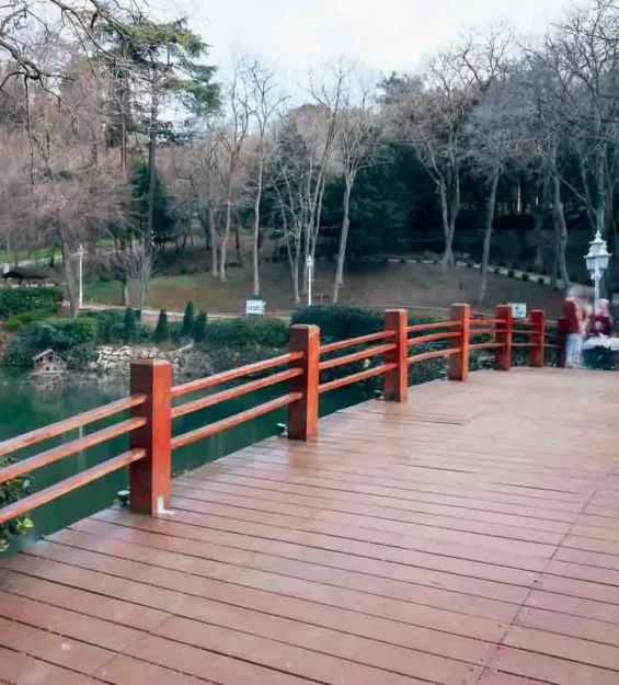 Japon bahçesindeki göletin üzerindeki ahşap köprü. for fotoloji