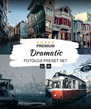 Dramatik Ön Ayar Koleksiyonu: Dramatik fotoğraf düzenleme efekti için birinci sınıf Fotologi Lightroom ve Photoshop ön ayarları. for fotoloji