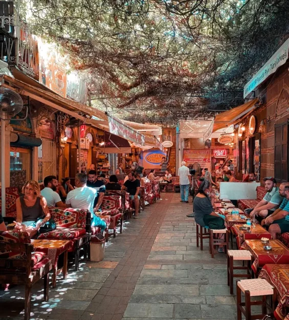 Kafeler ve dükkânlarla dolu gölgeli Türk sokağı, asmalarla kaplı bir gölgeliğin altında kahve içen insanlar. by fotoloji