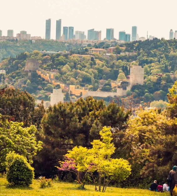 Yemyeşil bir park ve antik surların arasından İstanbul silüeti. _by fotoloji