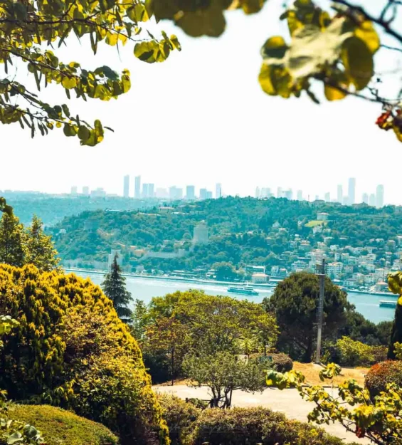 Boğaz ve şehir silüetinin sergilendiği yemyeşil bir parktan İstanbul şehir manzarası. _by fotoloji