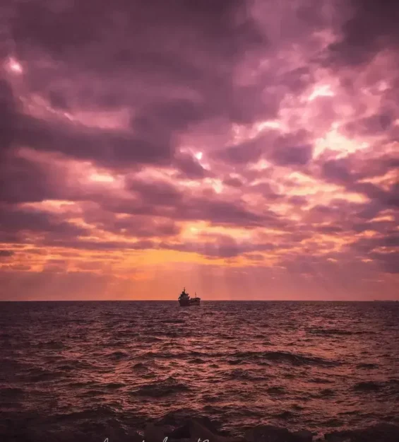 Dramatik pembe ve mor gün batımı okyanusunda silüetli kargo gemisi _by fotoloji