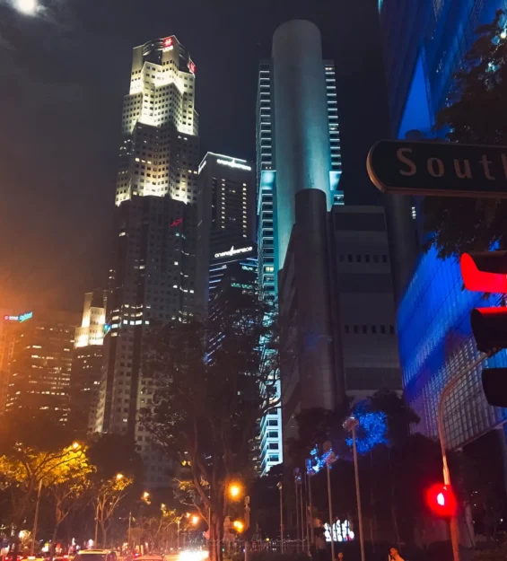 Modern mimariyi sergileyen Singapur gökdelenlerinin gece görünümü. "Güney Köprüsü" tabelası görülüyor. _by fotoloji