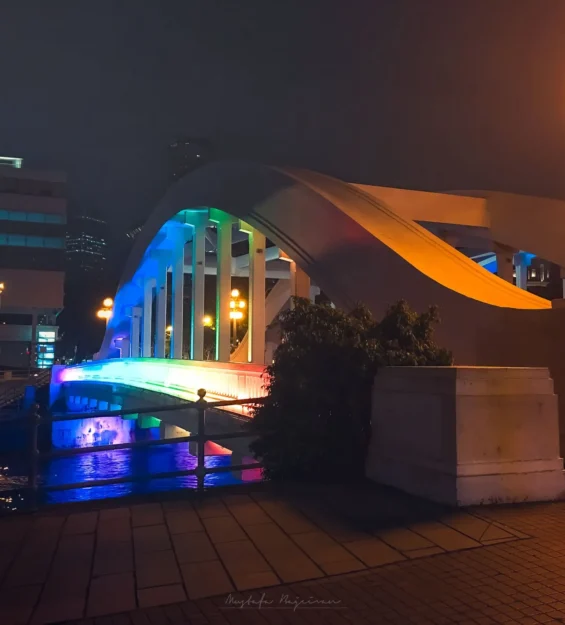 Singapur'da gece aydınlatılmış köprü, modern mimariyi sergiliyor. _by fotoloji