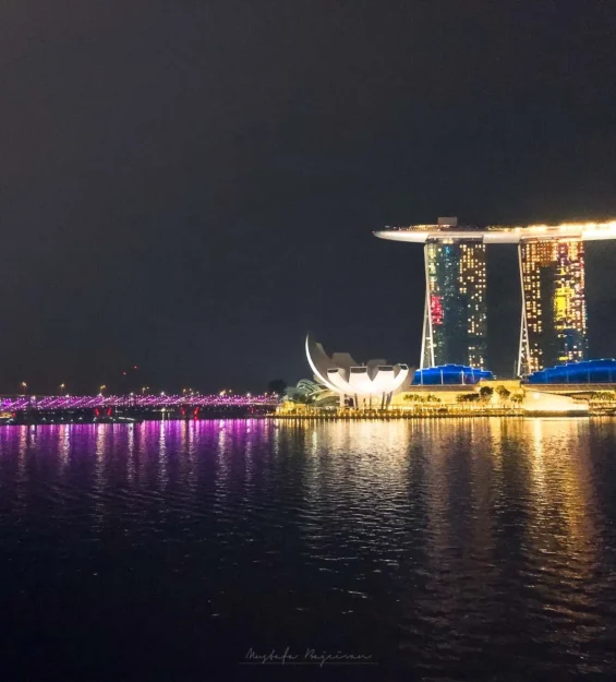 Marina Bay Sands ve Singapore Flyer'ın da yer aldığı Singapur silüetinin gece görünümü. _by fotoloji