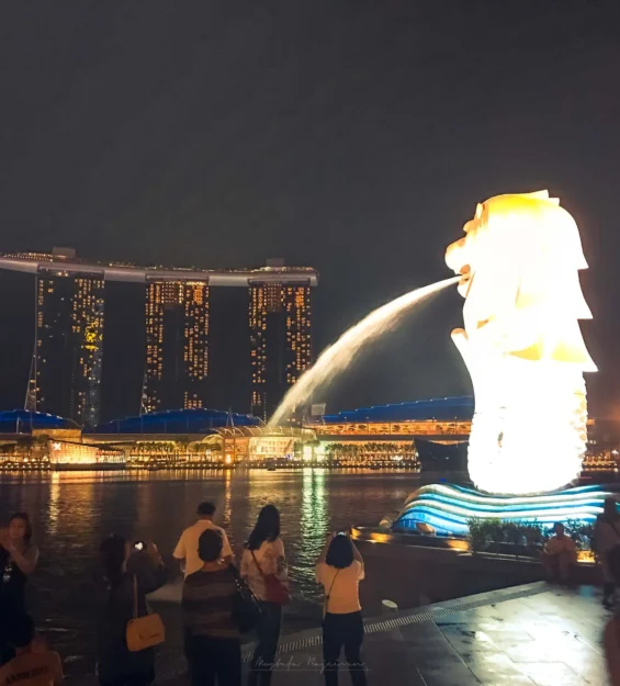 Singapur'un simgesi Merlion heykeli, Marina Bay Sands oteli ve gece manzarası. _by fotoloji