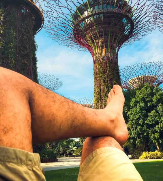 Singapur'daki Gardens by the Bay'de ayaklarını uzatmış, süper ağaçları hayranlıkla izleyen kişi. Singapur manzarası. _by fotoloji