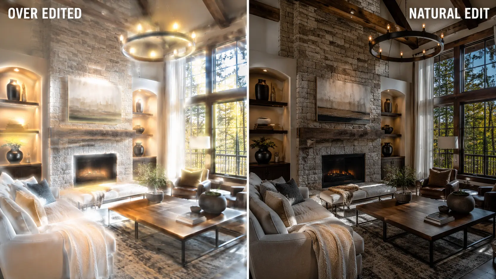 Comparison visualization of a professionally edited interior architectural photo