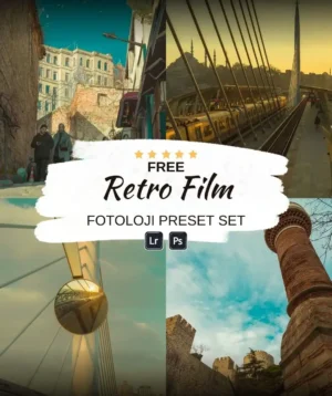 Lightroom ve Photoshop için Ücretsiz Retro Film Fotoloji Ön Ayar Seti. Fotoğraf düzenleme örnekleri içerir.