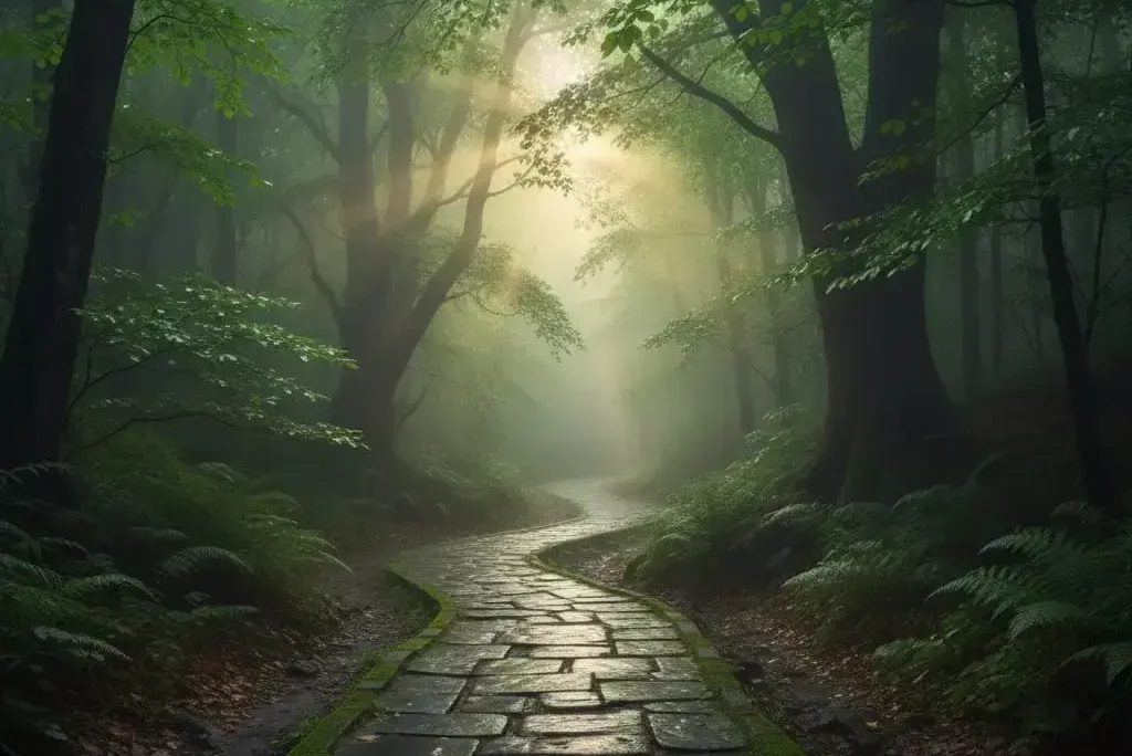 Ormanda taş yolda ilerleyen, sisli ve güneşli bir manzara. Dijital fotoğrafçı kompozisyonu.