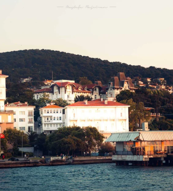 İstanbul Büyükada'nın sahil binaları ve feribot iskelesi ile gün batımı manzarası.
