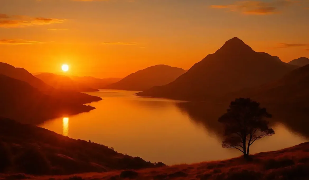 İskoçya'da gün batımı manzarası: Dağlar, göl ve yalnız ağaç. İskoçya seyahati.