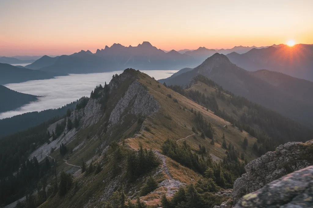 Dağlarda gün doğumu manzarası ve sisli vadi. Manzara fotoğrafı için ideal.