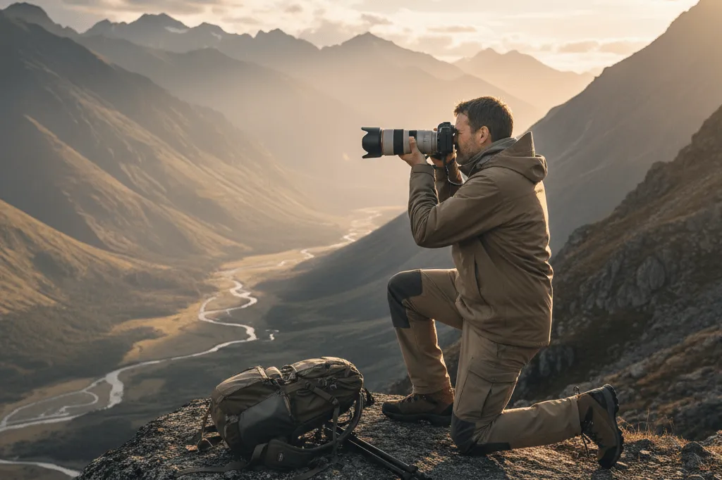 Dağ manzarası çeken fotoğrafçı. Vadi, nehir ve dağlar fonunda manzara fotoğrafı çekimi.