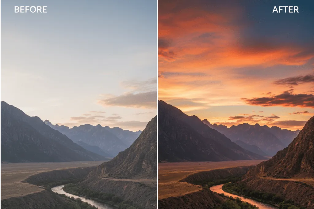 Gün batımı manzarası: Dağlar, nehir ve turuncu/mavi gökyüzü. Manzara çekim teknikleri için ideal örnek.