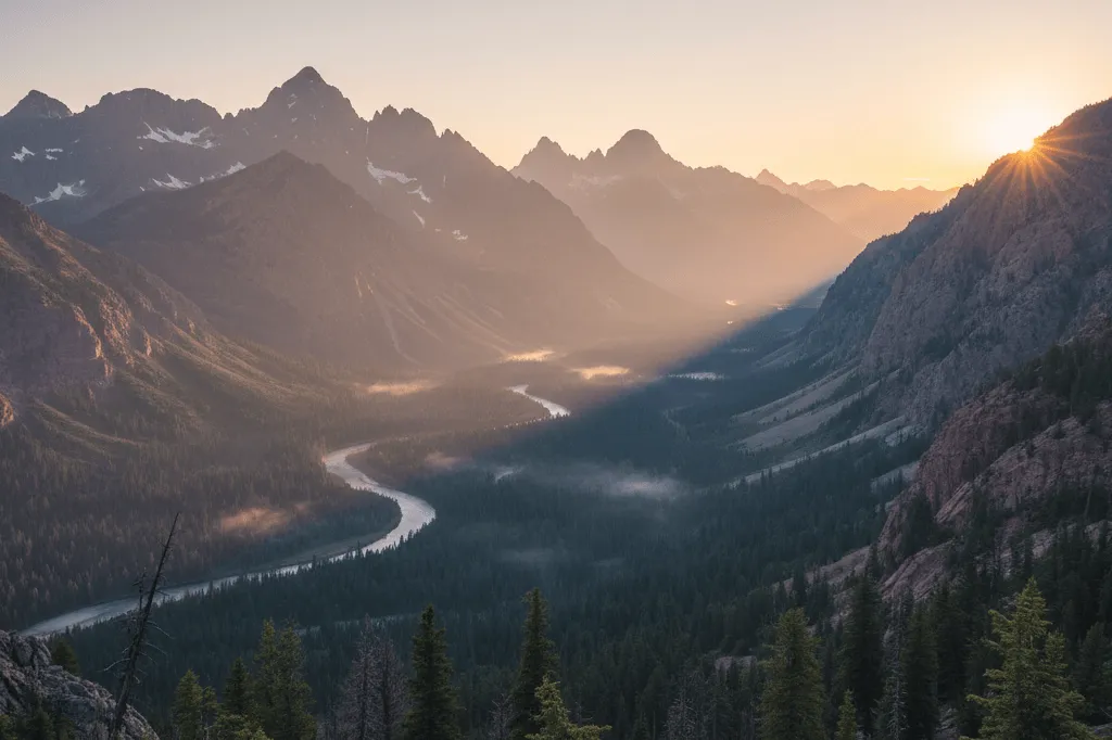 Dağ vadisi, nehir ve gün batımı manzarası. Manzara fotoğrafı çekimi için ilham verici bir görüntü.