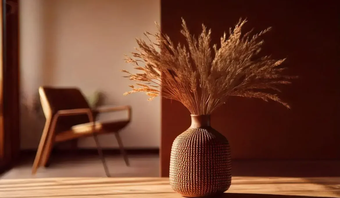 Vazoda kuru çiçekler ve arkada bulanık bir sandalye. Diyafram ile alan derinliği örneği.