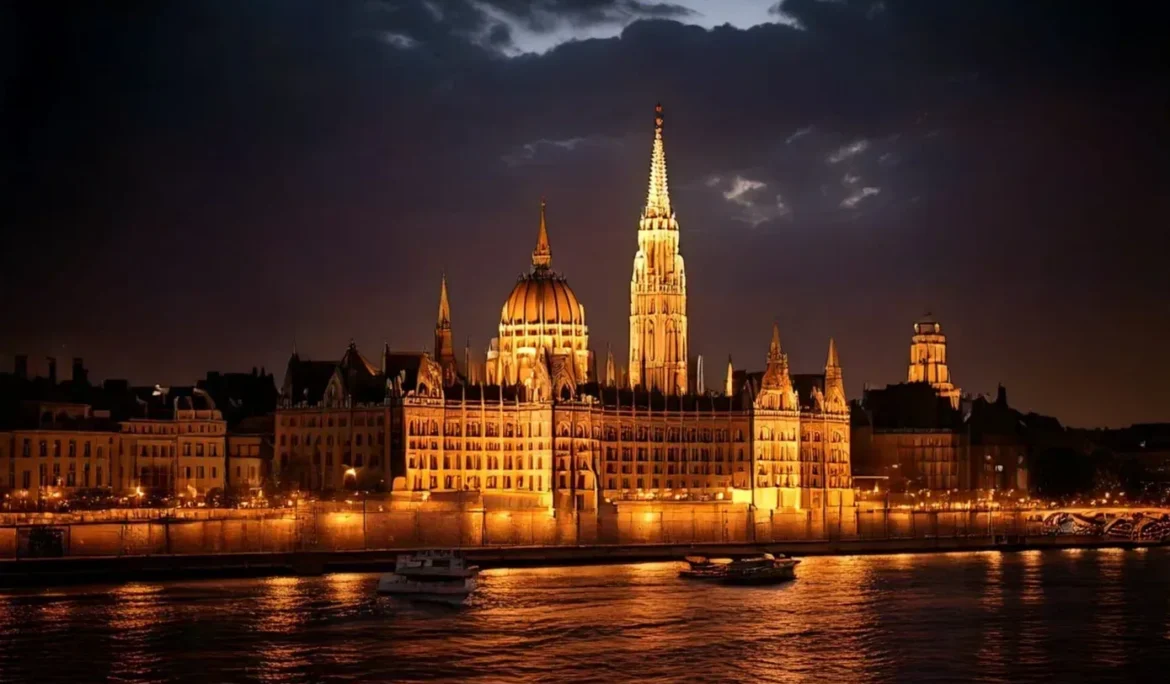 Gece ışıklandırılmış Macaristan Parlamento Binası, Tuna Nehri'ne yansıyor. Muhteşem Budapeşte şehir manzarası.