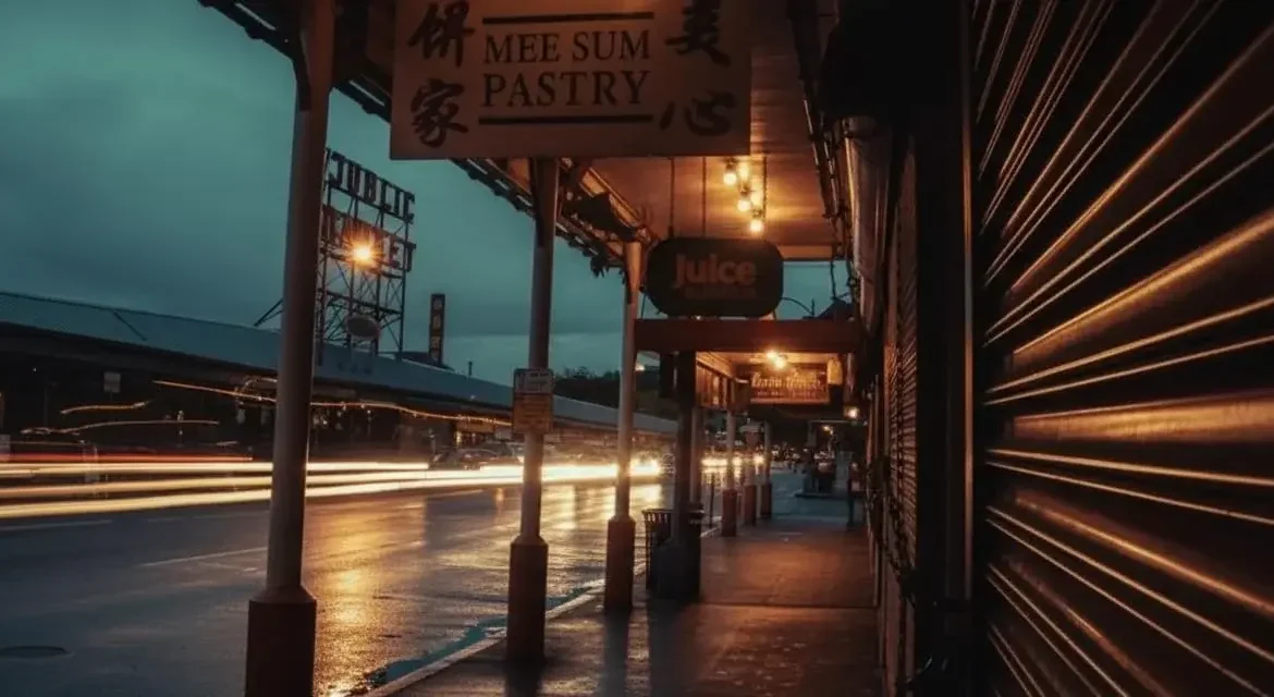 Düşük ışıkta gece şehir manzarası, ışık izleri ve "Mee Sum Pastry" tabelası. Gece çekimi.