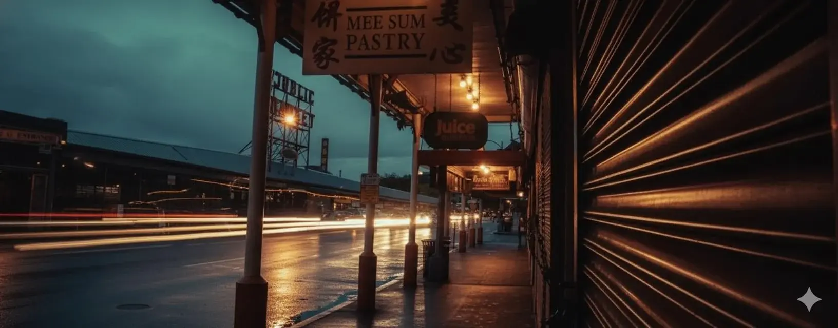 Düşük ışıkta gece şehir manzarası, ışık izleri ve "Mee Sum Pastry" tabelası. Gece çekimi.