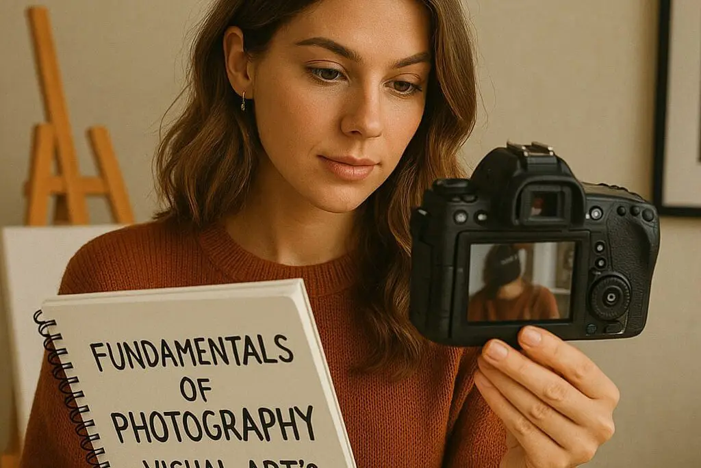 "Fotoğrafçılığın Temelleri: Görsel Sanatın Sırları" başlıklı bir fotoğraf makinesi ve not defteri tutan kadın