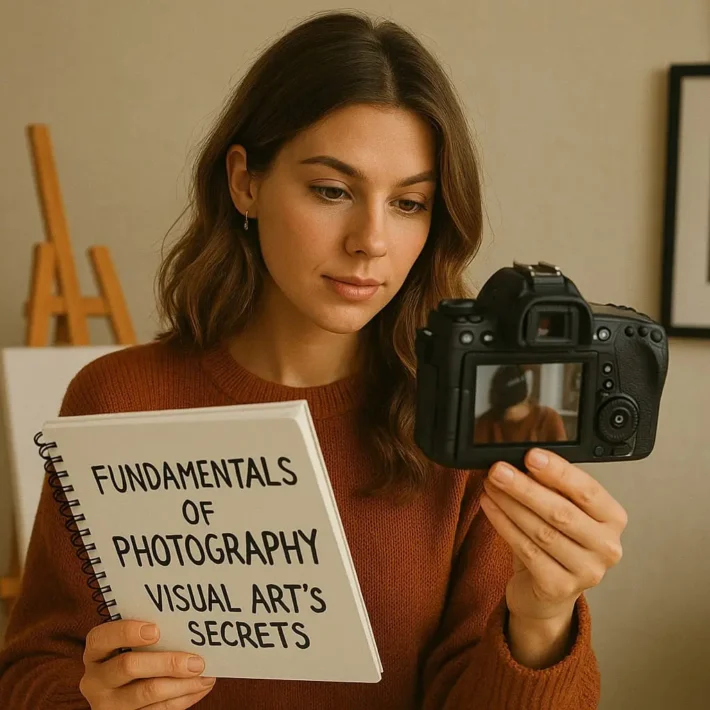 "Fotoğrafçılığın Temelleri: Görsel Sanatın Sırları" başlıklı bir fotoğraf makinesi ve not defteri tutan kadın