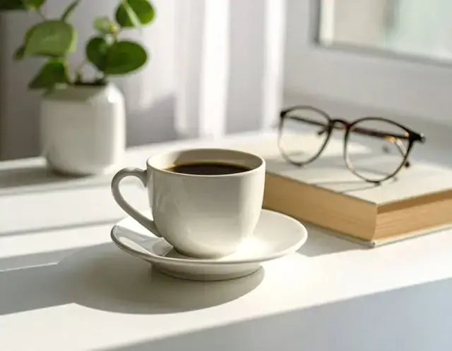 Coffee, book, and glasses in sunlight