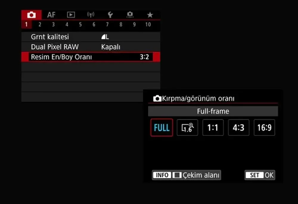 Canon kamera ayarları: En boy oranı seçenekleri - Tam Kare, 1.6, 1:1, 4:3 ve 16:9.