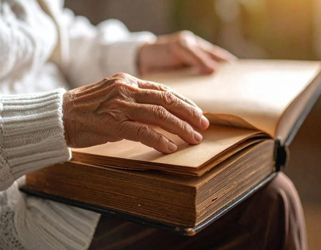 Elderly hands holding old book