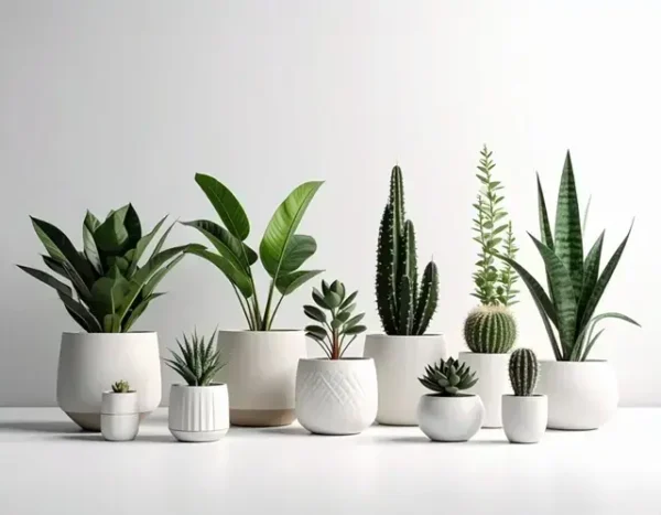 Fotoğrafçılıkta Minimal Renk: Az Renkle Büyük Etki Rehberi 3 Beyaz saksılarda saksı bitkilerinin toplanması. Minimalist tarzda Minimal Renk Kullanımı.