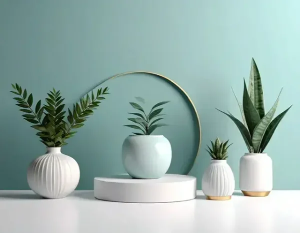 Fotoğrafçılıkta Minimal Renk: Az Renkle Büyük Etki Rehberi 1 Beyaz vazoların turkuaz arka plana karşı kullanıldığı, minimal renk kullanımının sergilendiği minimalist bitki düzenlemesi.