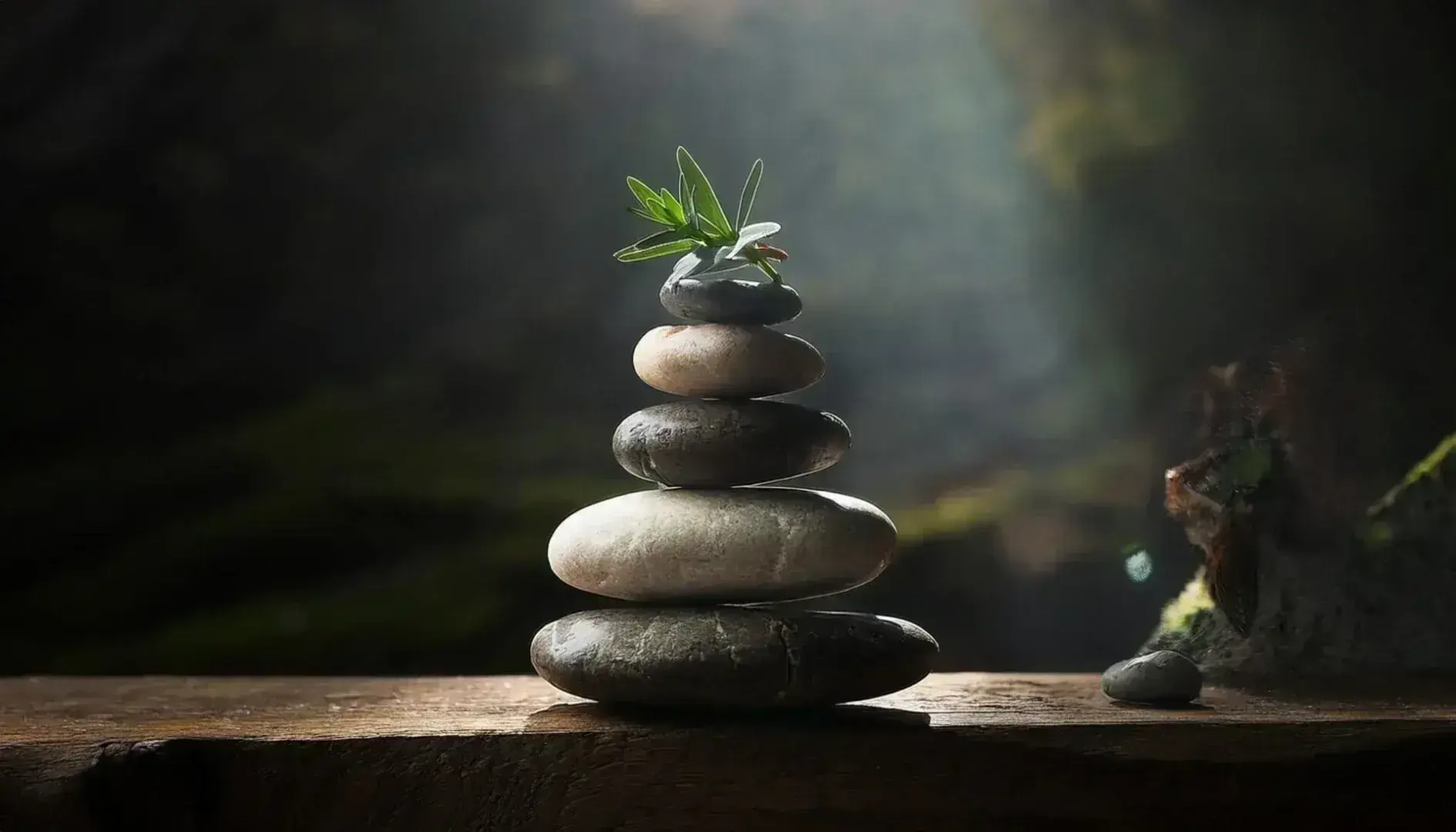 Meditasyonu ve iç huzuru temsil eden küçük bir bitkiyle dengelenmiş taş yığını.