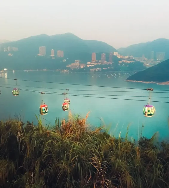 Turkuaz su üzerinde Hong Kong teleferikleri, arka planda şehir silüeti.