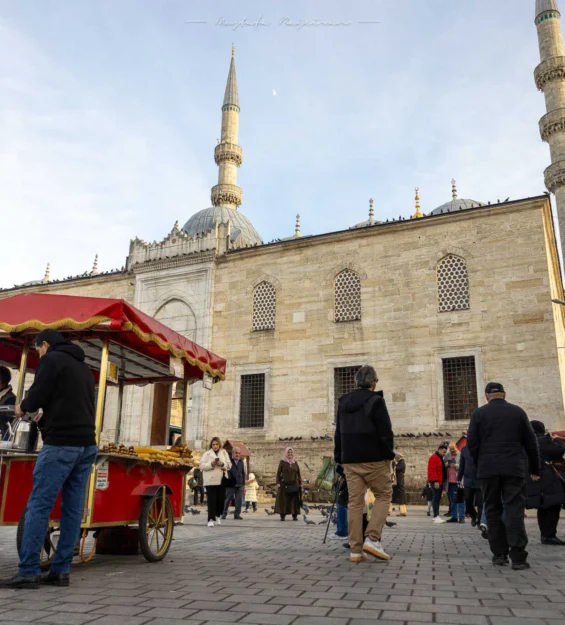 Bir caminin önünde mısır koçanı satan kırmızı bir yiyecek arabasının bulunduğu İstanbul sokak manzarası.