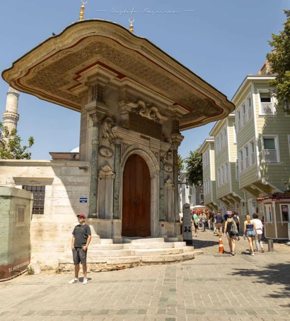 Süslü Osmanlı kapısı, İstanbul, Türkiye. Yenileme aşamasındaki bir caminin yakınındaki tarihi mimari.