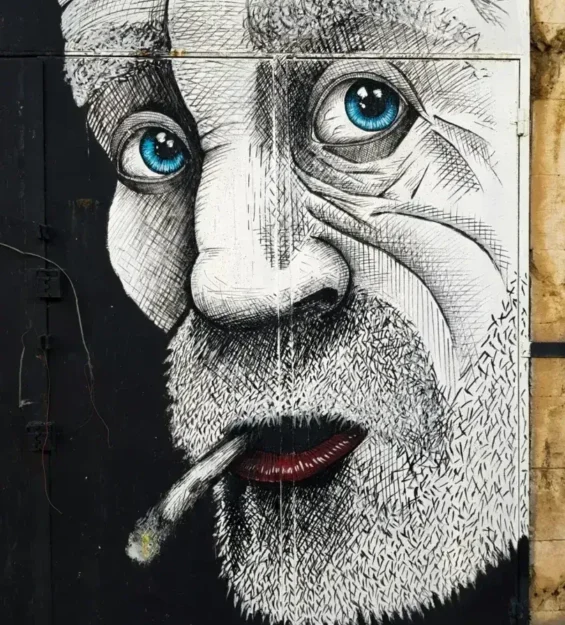 Canlı mavi gözlü yaşlı bir adamın sigara içtiğini gösteren siyah beyaz grafiti duvar resminin yakın çekimi.