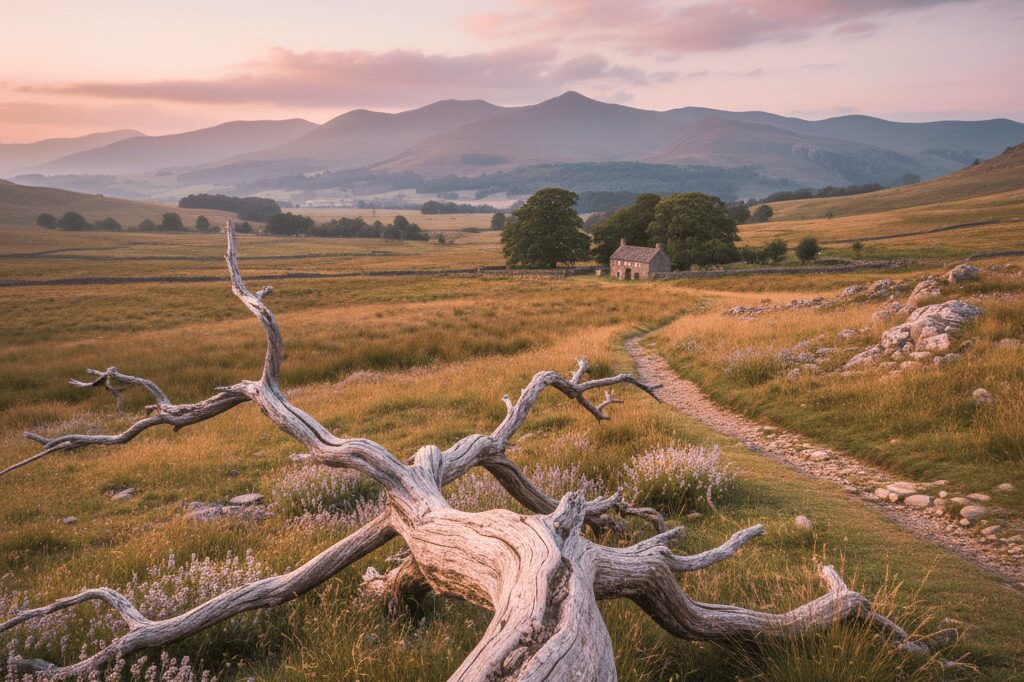 Manzara fotoğrafı: Kırık ağaç, taş yol, ev ve dağlar. Manzara çekim teknikleri için ilham verici bir görüntü.