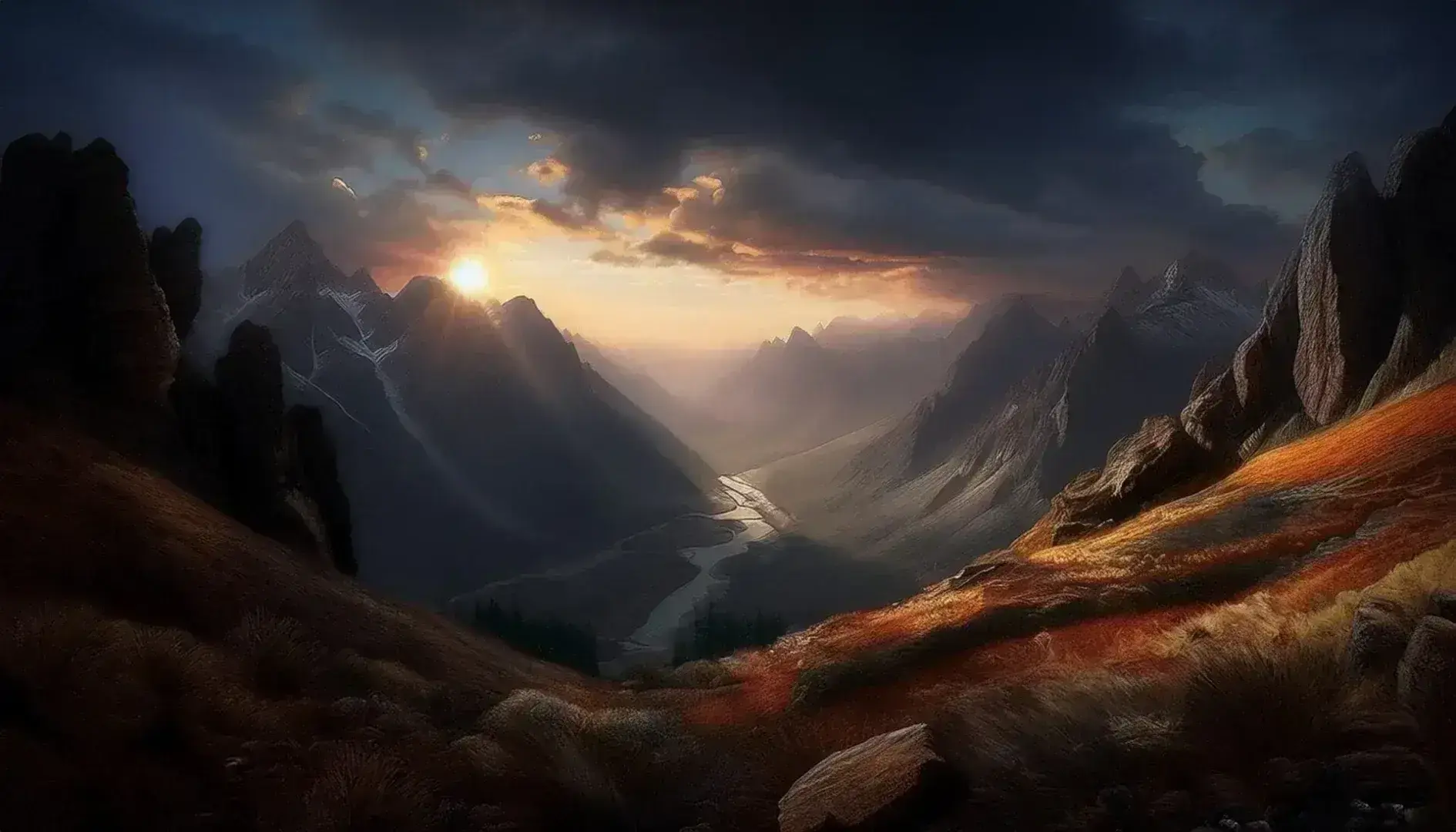 Dağlardaki bir nehir vadisinde gün batımı; manzara fotoğrafçılığı