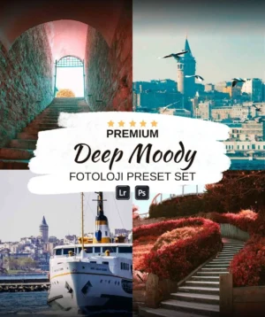 Deep Moody Fotoloji Ön Ayarı: İstanbul şehir manzarası, tekne ve kırmızı yapraklı merdivenler.