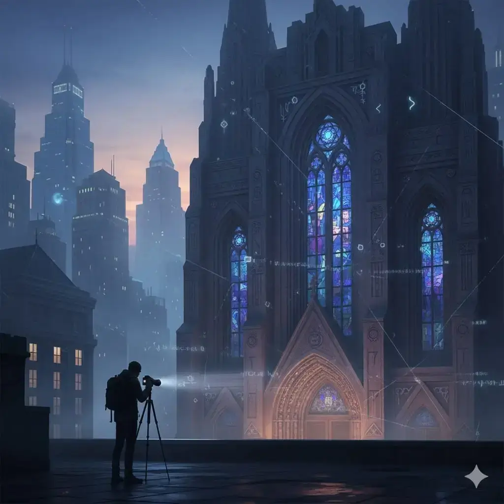 Gotik bir katedral ve fütüristik gökdelenlerin yer aldığı siberpunk bir şehir manzarası yakalayan fotoğrafçı.