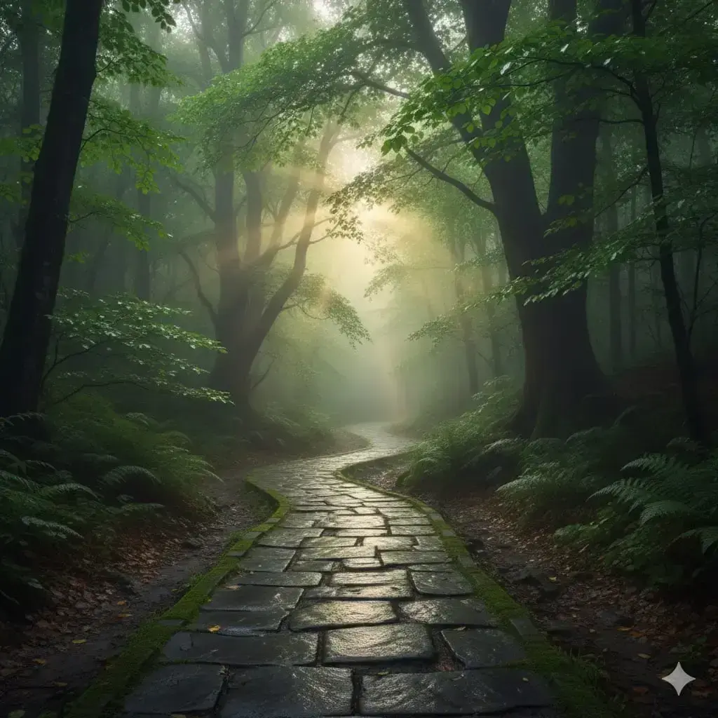 Dijital Fotoğrafçılığın Büyüsü: Yaratıcı Kompozisyonlarla Fark Yaratmak 3 Ormanda taş yolda ilerleyen, sisli ve güneşli bir manzara. Dijital fotoğrafçı kompozisyonu.