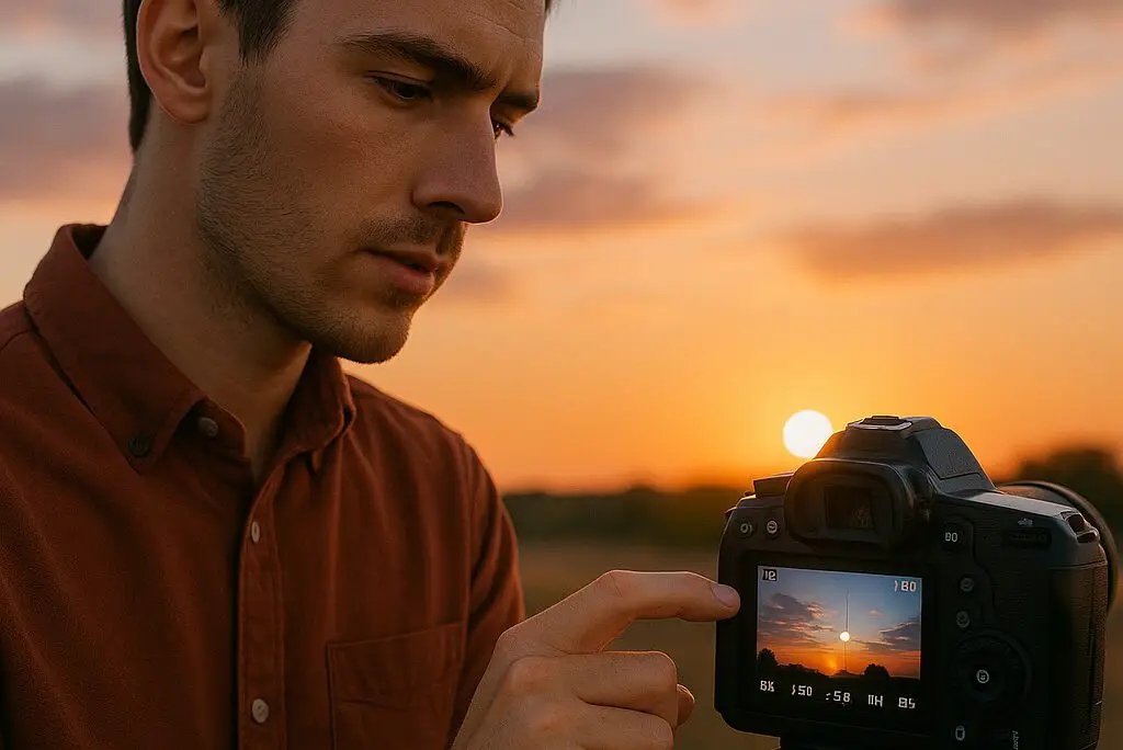 Fotoğrafçı, kamera ekranında gün batımı fotoğrafını inceliyor ve ayarları yapıyor. Başlangıç seviyesindeki fotoğrafçılara yönelik ipuçları.