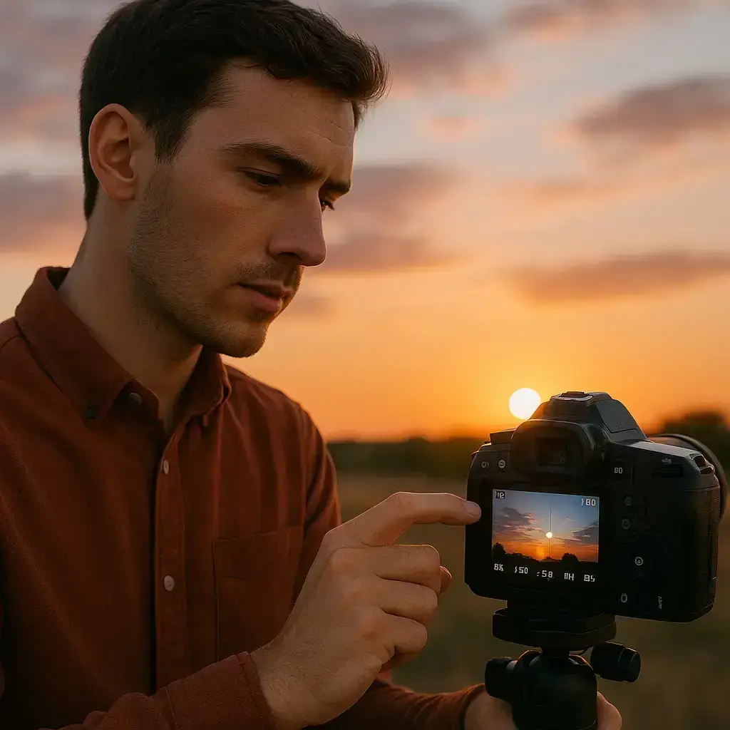 Fotoğrafçı, kamera ekranında gün batımı fotoğrafını inceliyor ve ayarları yapıyor. Başlangıç seviyesindeki fotoğrafçılara yönelik ipuçları.
